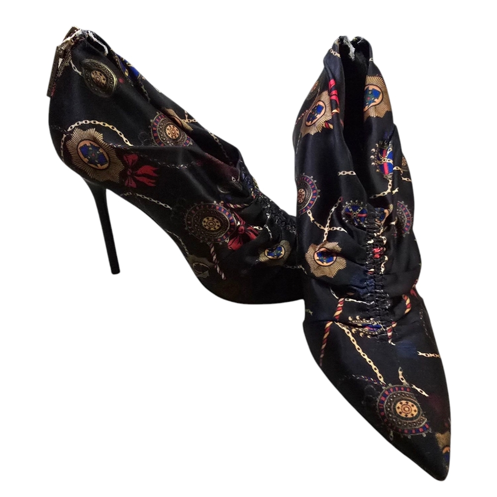 Zara Satin Designer Scarf Pattern Size 6 Stiletto Zip-Up Bootie Pre-Owned Cute